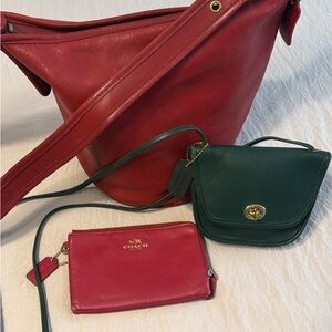 Coach Red and Green Leather Shoulder Bag Trio